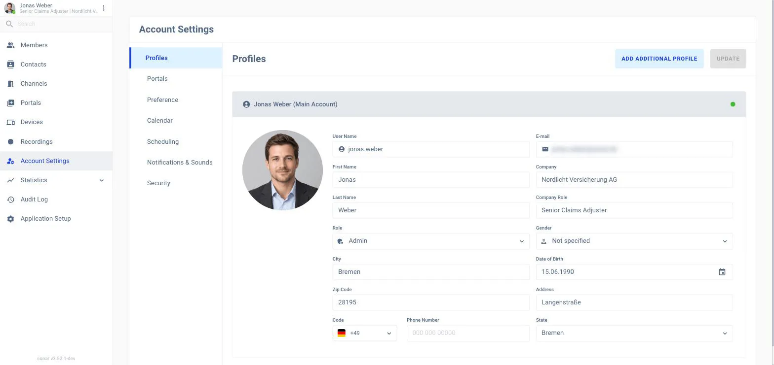 The Account Settings page on the Profiles tab, showing the user's avatar, username, email, name, company, role and language, with tabs for Portals, Preference, Calendar, Scheduling, Notifications & Sounds and Security