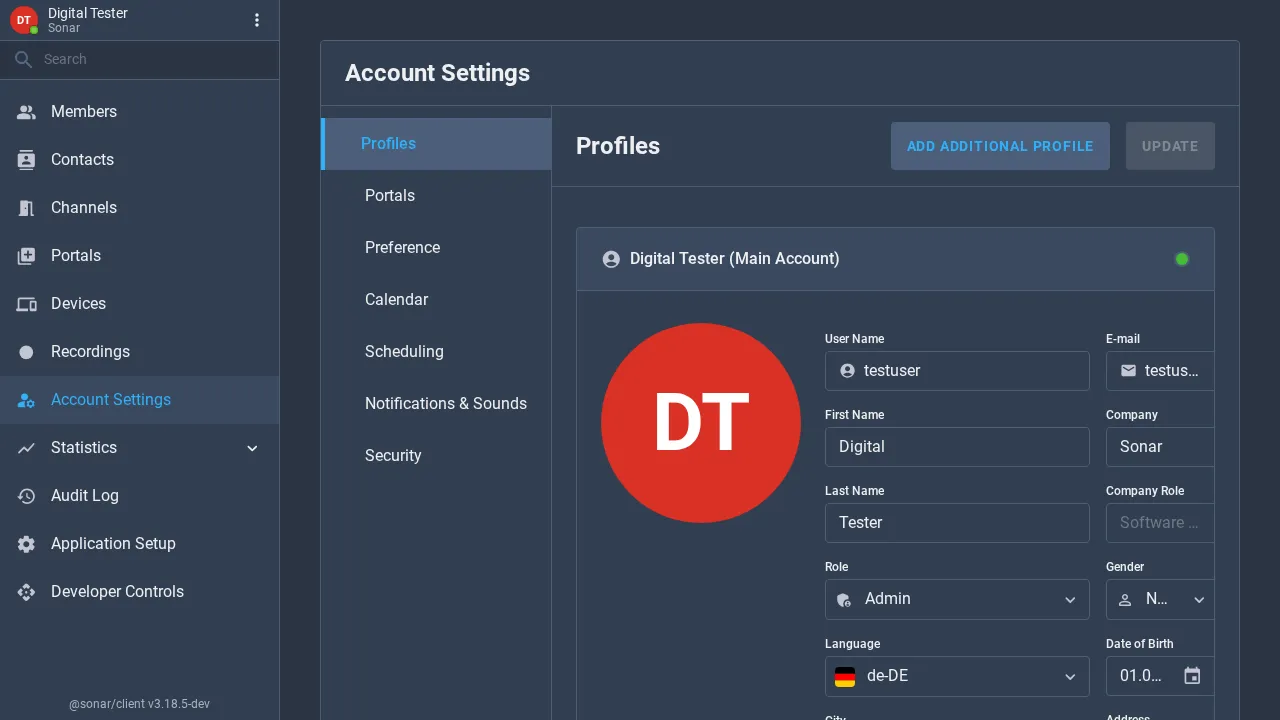 The Account Settings page on the Profiles tab, showing the user's avatar, username, email, name, company, role and language, with tabs for Portals, Preference, Calendar, Scheduling, Notifications & Sounds and Security