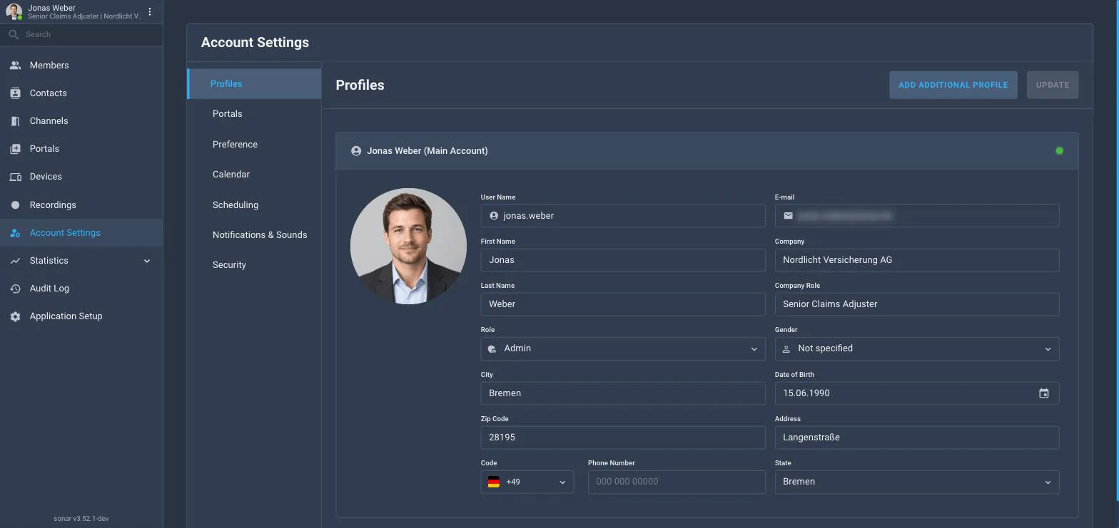 The Account Settings page on the Profiles tab, showing the user's avatar, username, email, name, company, role and language, with tabs for Portals, Preference, Calendar, Scheduling, Notifications & Sounds and Security