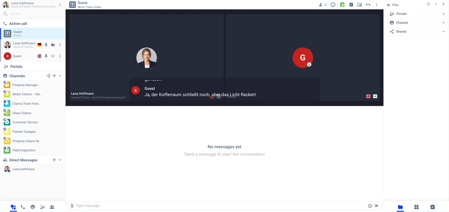 The agent's call view with a caption overlay across the video tiles: the guest's avatar, the name Guest, and the sentence in German