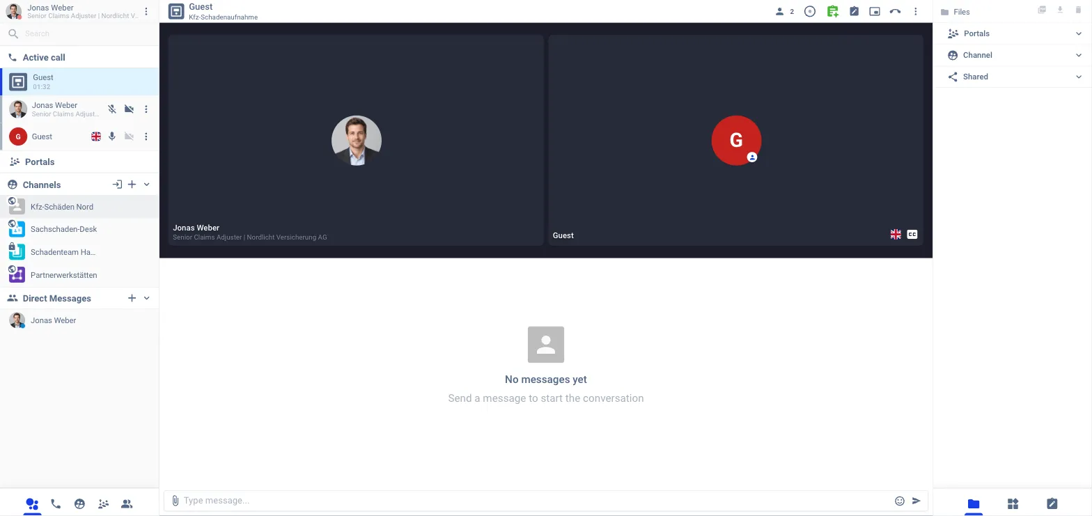 The agent's call view: the Active call panel on the left lists Lena Hoffmann and the guest with their language flags, the two video tiles in the middle, and the call header with the Smart Meet badge