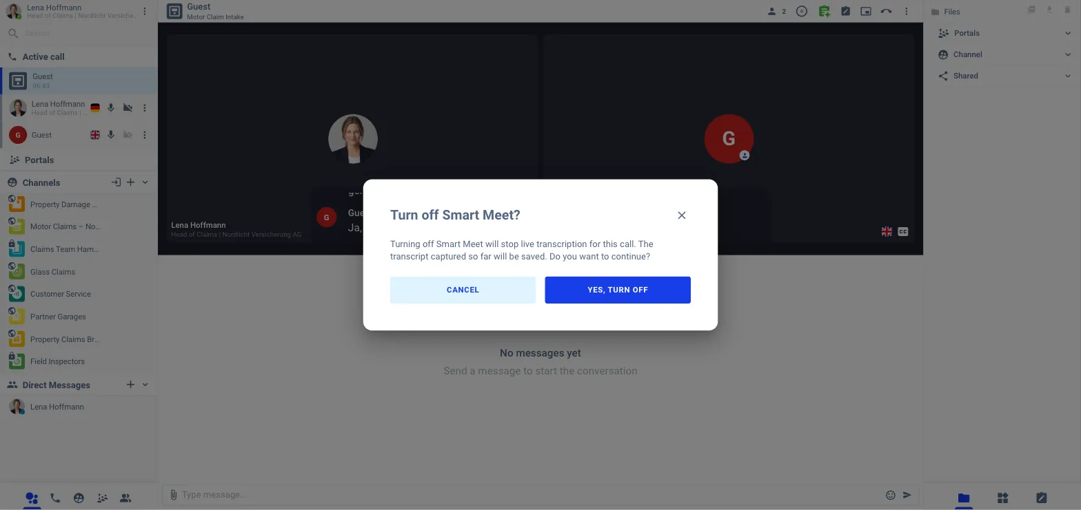 The agent's call view with the Turn off Smart Meet? dialog: turning it off stops live transcription for this call, the transcript captured so far will be saved