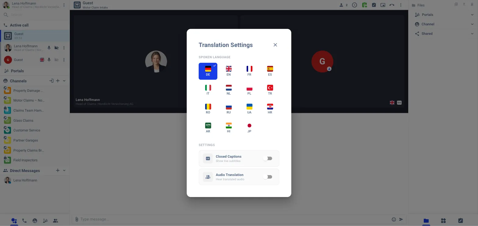 The Translation Settings dialog with the Closed Captions switch