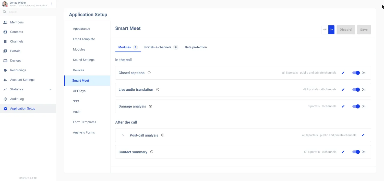 The Smart Meet settings page with the master switch on and the Modules tab listing the modules in two groups, In the call and After the call, with Post-call analysis expanded