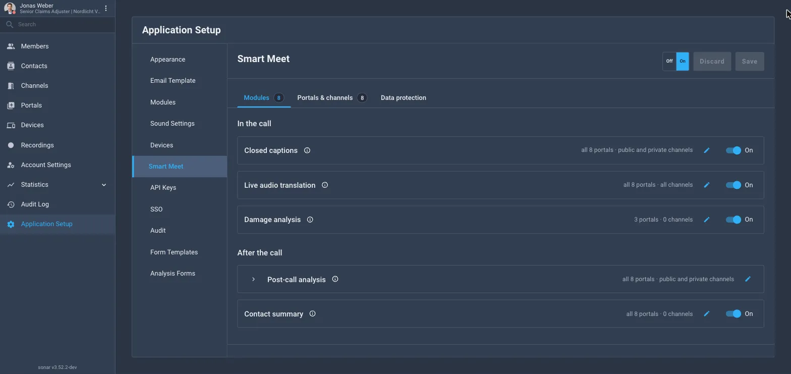 The Smart Meet settings page with the master switch on and the Modules tab listing the modules in two groups, In the call and After the call, with Post-call analysis expanded