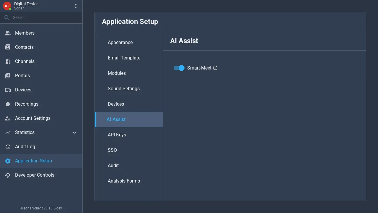 The AI Assist tab of Application Setup showing a single Smart-Meet toggle switched on