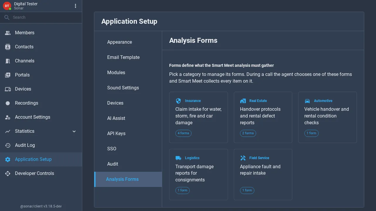 The Analysis Forms tab showing category cards for Insurance, Real Estate, Automotive, Logistics and Field Service, each with a description and a count of forms