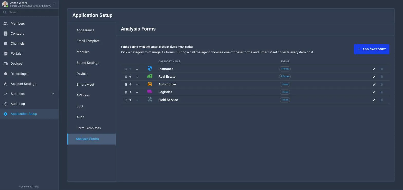 The Analysis Forms tab showing category cards for Insurance, Real Estate, Automotive, Logistics and Field Service, each with a description and a count of forms