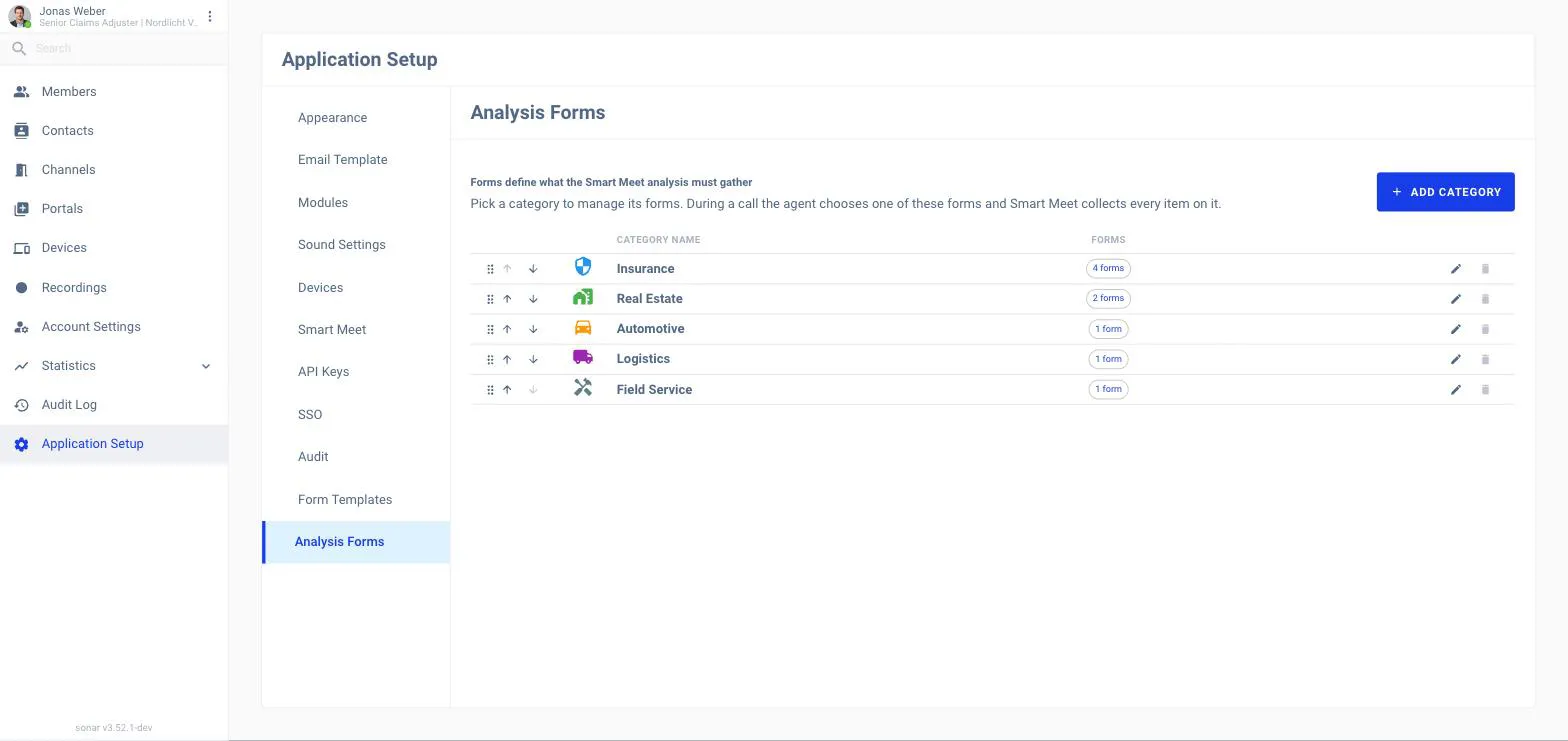 The Analysis Forms tab showing category cards for Insurance, Real Estate, Automotive, Logistics and Field Service, each with a description and a count of forms