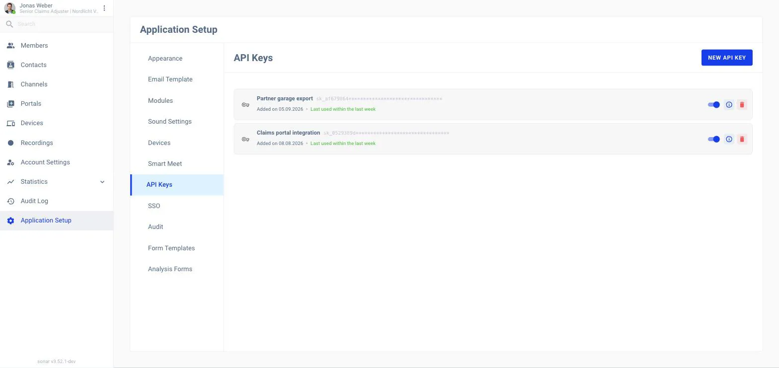 The API Keys tab of Application Setup showing an empty state that reads No API keys found, with a New API Key button