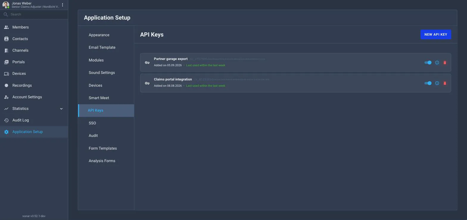 The API Keys tab of Application Setup showing an empty state that reads No API keys found, with a New API Key button