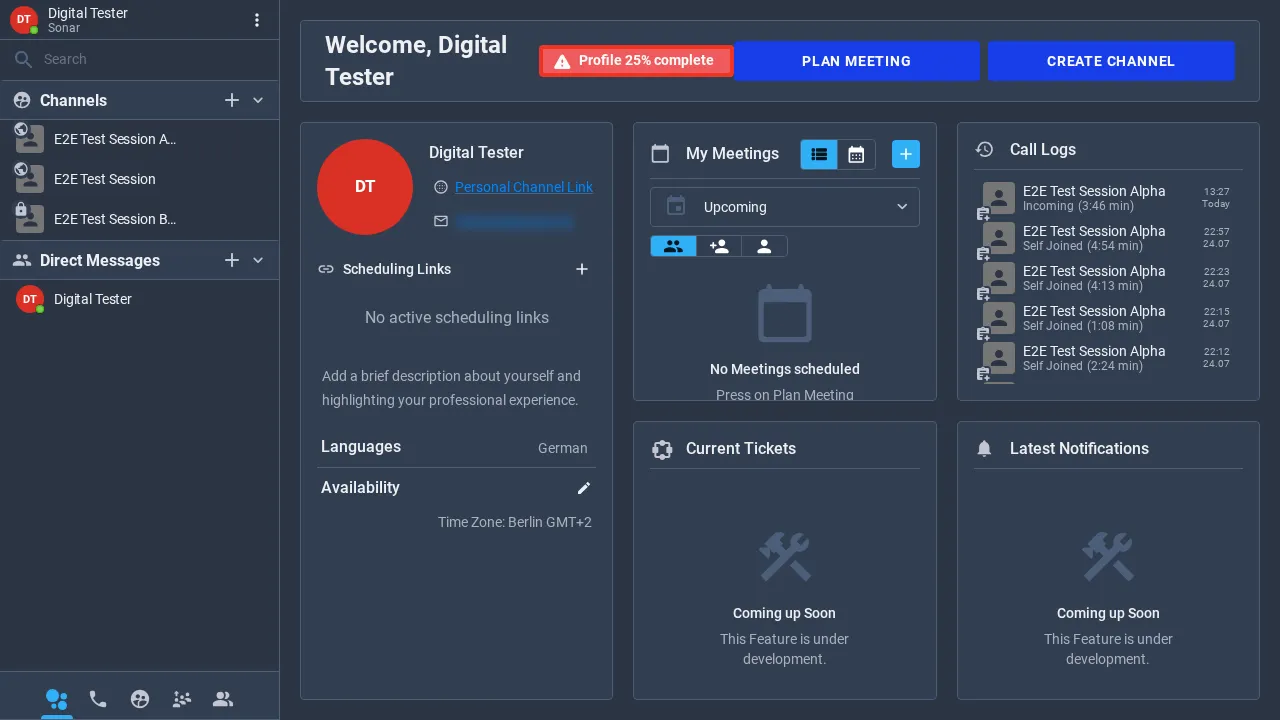 The Sonar home dashboard with a welcome header, profile card, My Meetings, Call Logs, Current Tickets and Latest Notifications panels