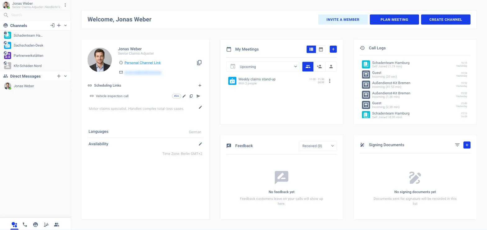 The Home page with the Call Logs panel on the right listing recent calls with their channel, direction and duration