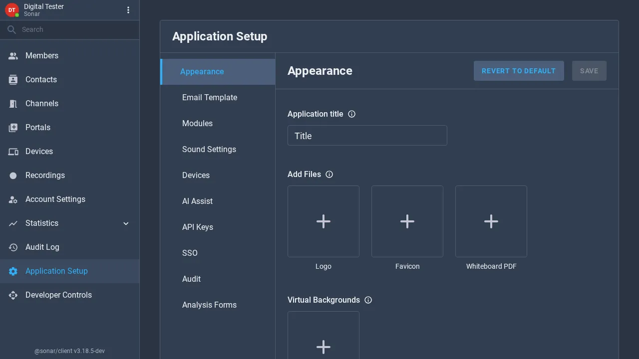 The Application Setup page with an Appearance tab selected, showing an Application title field, Logo, Favicon and Whiteboard PDF upload boxes and Virtual Backgrounds, and tabs for Email Template, Modules, Sound Settings, Devices, AI Assist, API Keys, SSO, Audit and Analysis Forms
