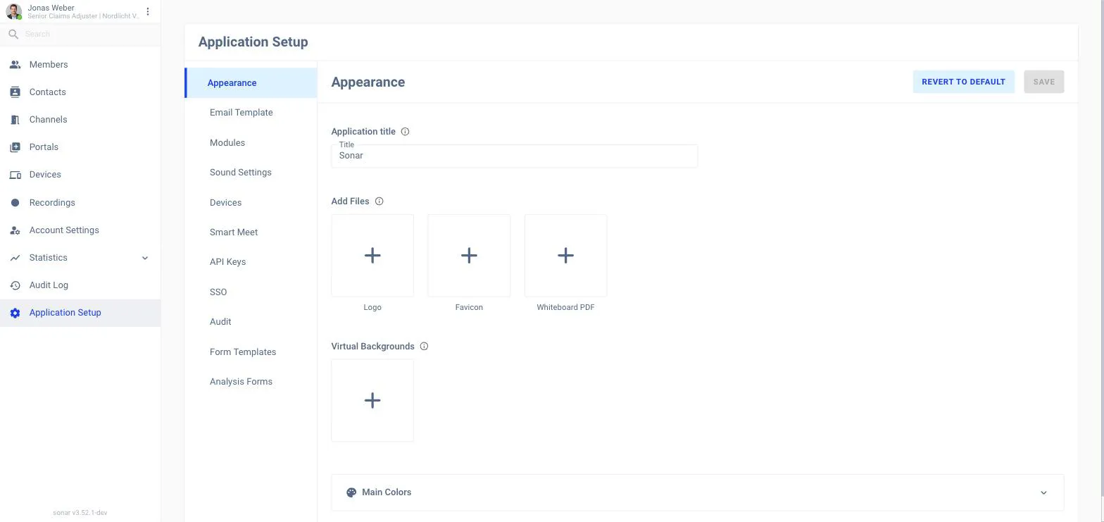The Application Setup page with an Appearance tab selected, showing an Application title field, Logo, Favicon and Whiteboard PDF upload boxes and Virtual Backgrounds, and tabs for Email Template, Modules, Sound Settings, Devices, Smart Meet, API Keys, SSO, Audit, Form Templates and Analysis Forms