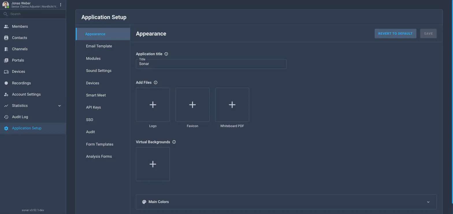 The Application Setup page with an Appearance tab selected, showing an Application title field, Logo, Favicon and Whiteboard PDF upload boxes and Virtual Backgrounds, and tabs for Email Template, Modules, Sound Settings, Devices, Smart Meet, API Keys, SSO, Audit, Form Templates and Analysis Forms