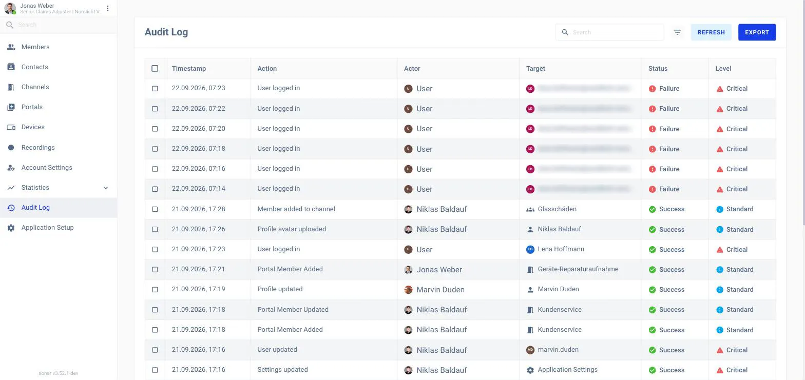The Audit Log with columns for Timestamp, Action, Actor, Target, Status and Level, showing events like 'User logged in' and 'Call settings updated', with search, filter, Refresh and Export actions