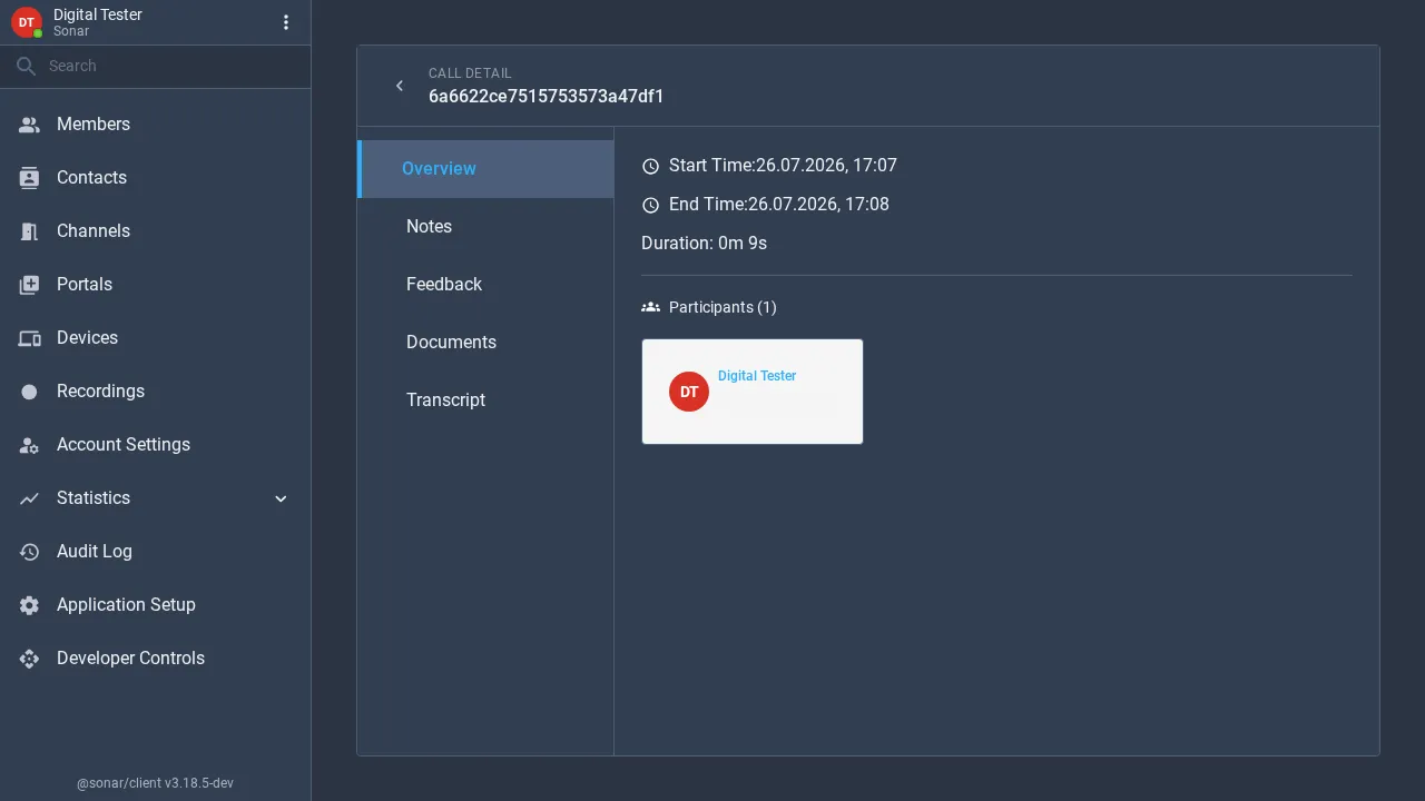 A Call Detail page showing an Overview with start and end time, duration and participants, and tabs for Notes, Feedback, Documents and Transcript