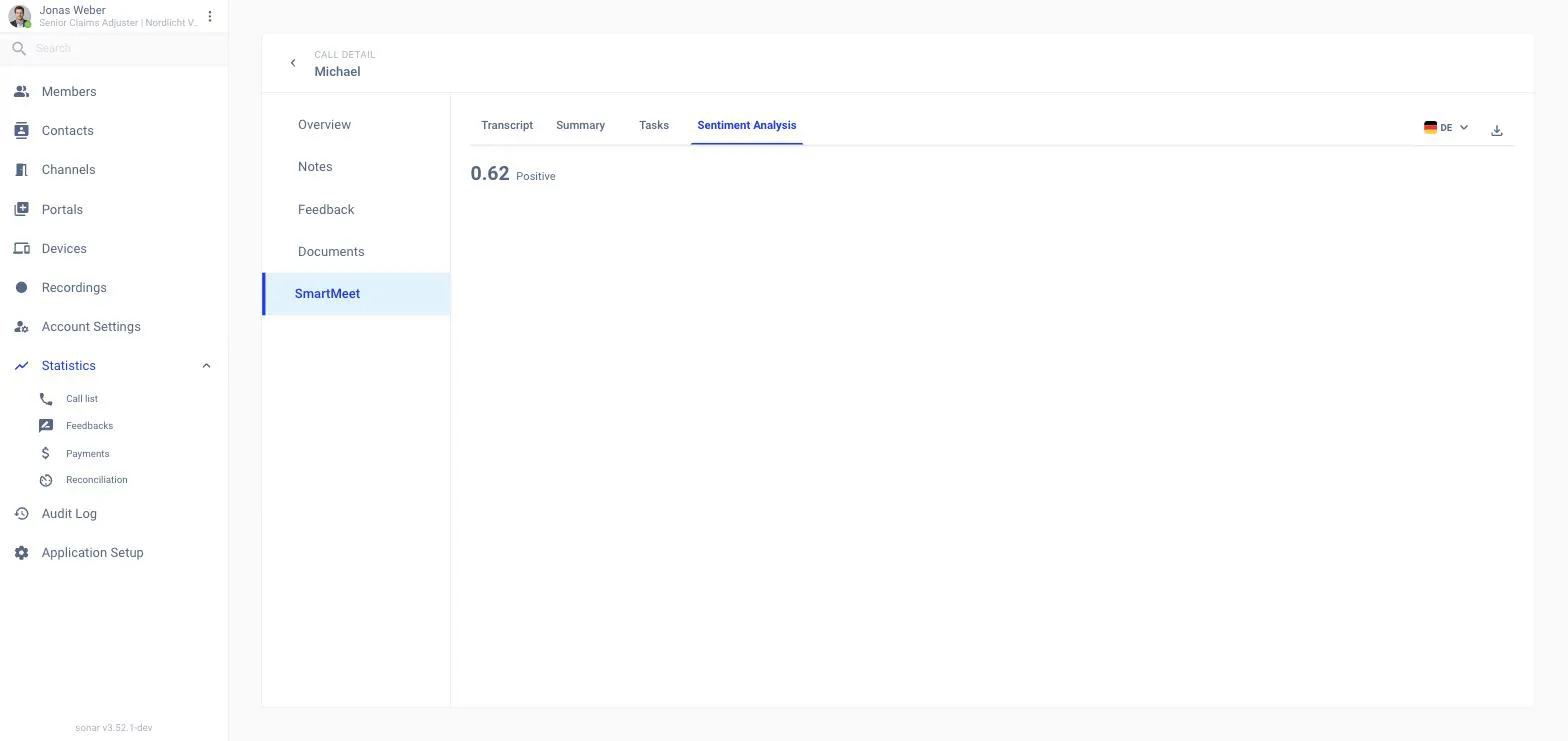 A call's detail page, SmartMeet tab, Sentiment Analysis sub-tab, showing a score of 0.62, the label Positive, and a short description of a calm and cooperative policyholder