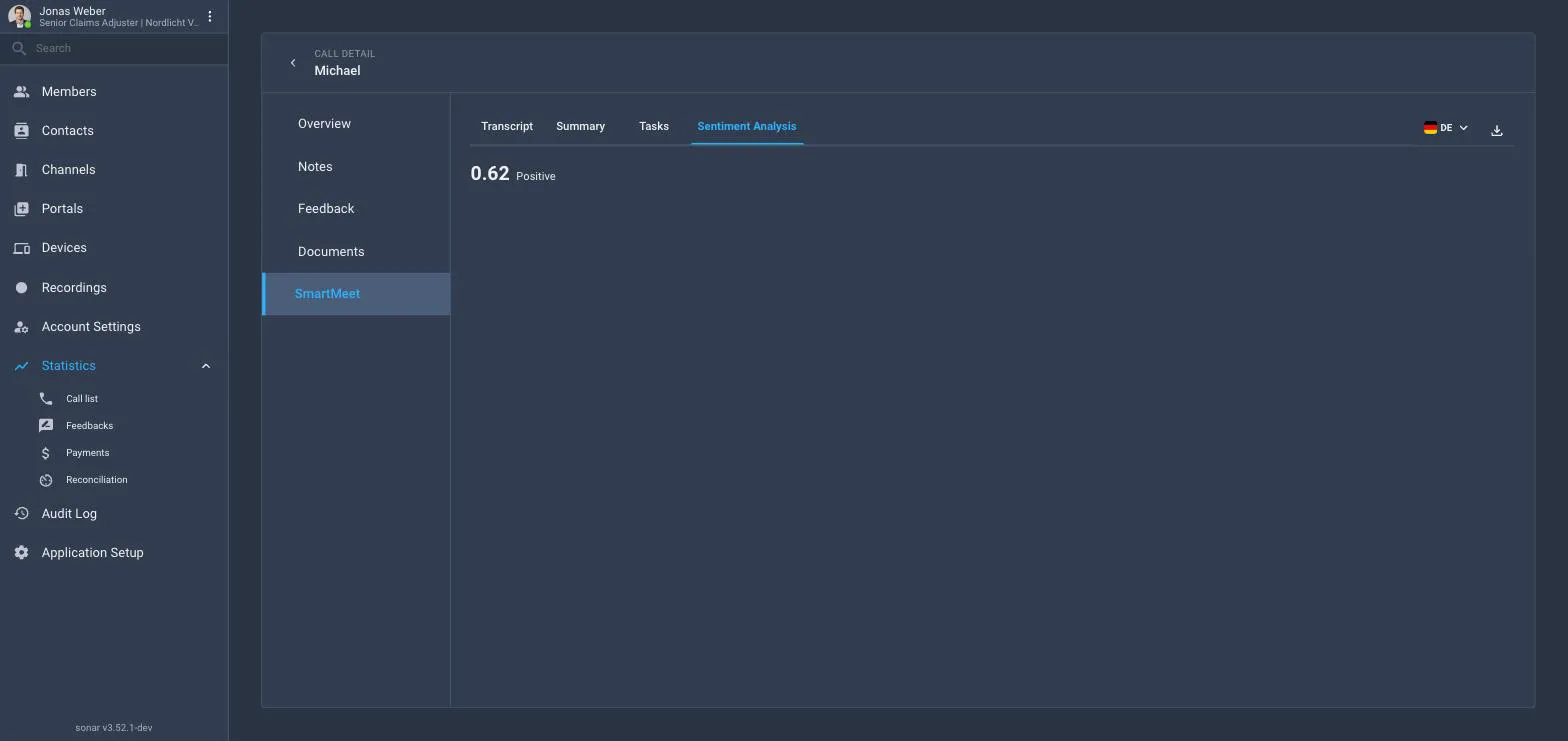 A call's detail page, SmartMeet tab, Sentiment Analysis sub-tab, showing a score of 0.62, the label Positive, and a short description of a calm and cooperative policyholder