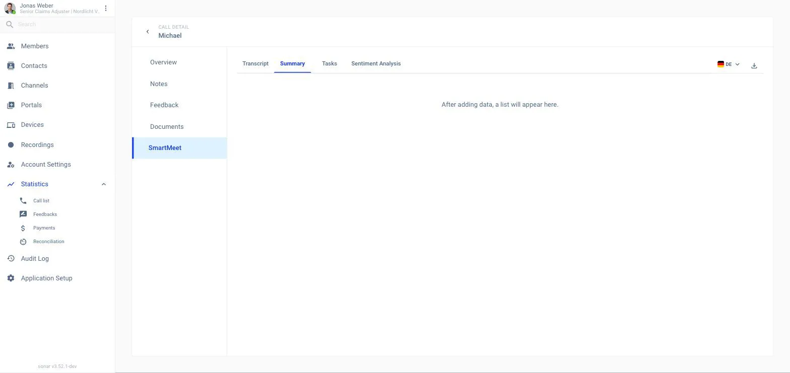 A call's detail page, SmartMeet tab, Summary sub-tab, showing a recap of a remote vehicle inspection