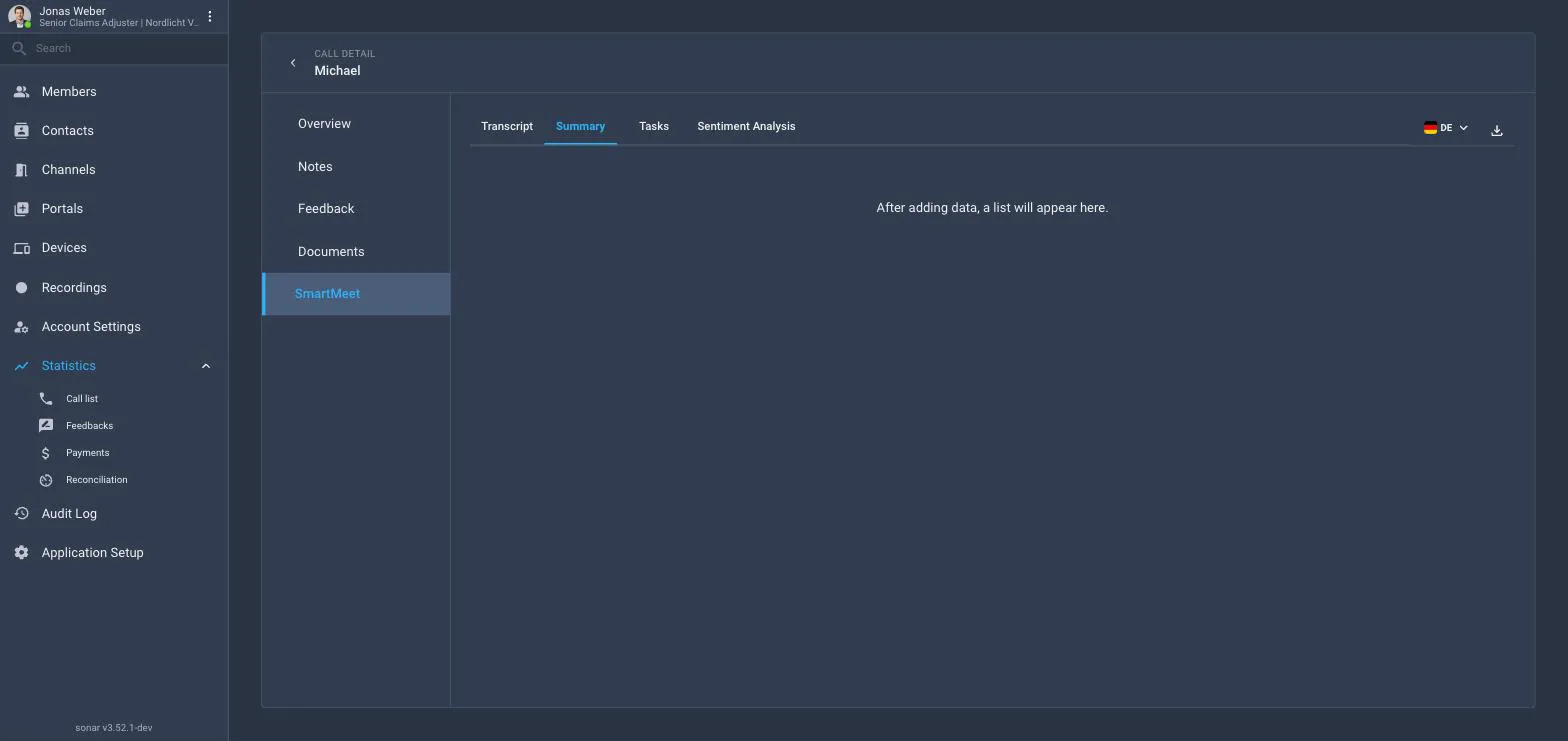 A call's detail page, SmartMeet tab, Summary sub-tab, showing a recap of a remote vehicle inspection