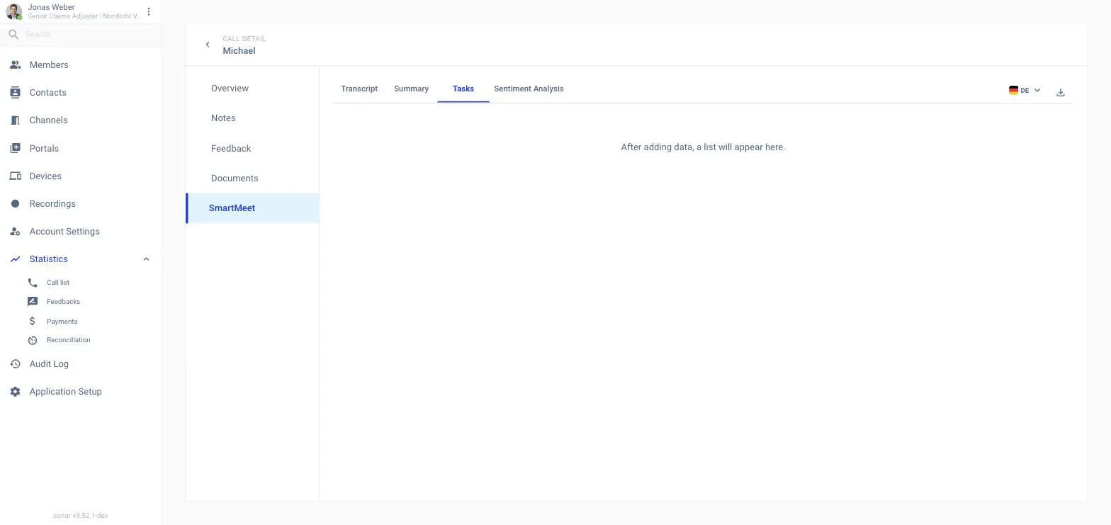 A call's detail page, SmartMeet tab, Tasks sub-tab, listing five follow-up actions from a claims inspection call