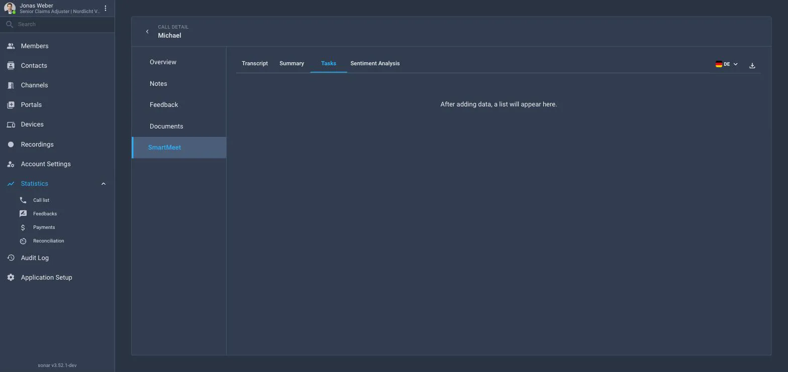 A call's detail page, SmartMeet tab, Tasks sub-tab, listing five follow-up actions from a claims inspection call