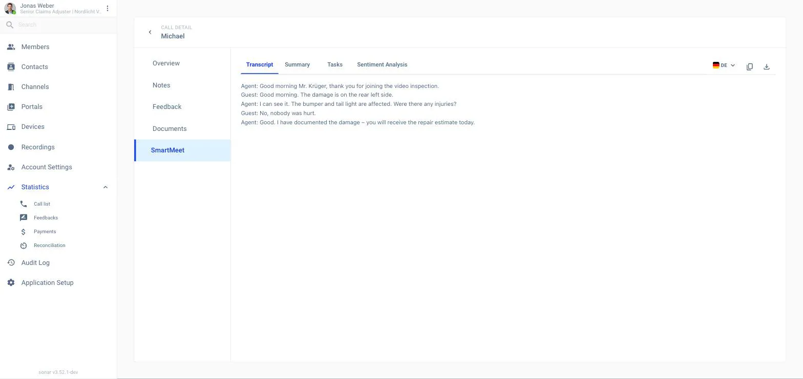 A call's detail page in the back office, SmartMeet tab, Transcript sub-tab, showing the conversation between Lena Hoffmann and Michael Krüger line by line