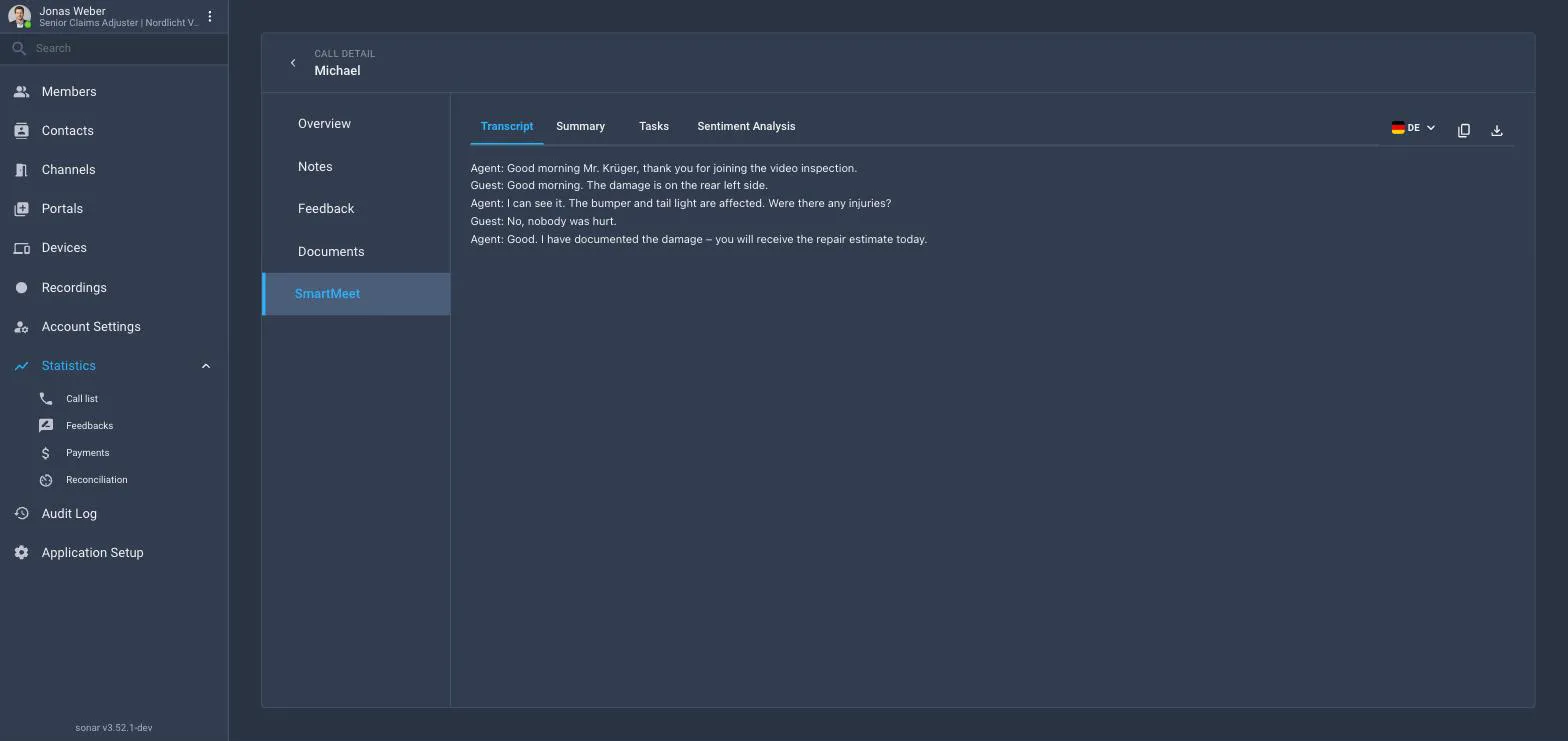 A call's detail page in the back office, SmartMeet tab, Transcript sub-tab, showing the conversation between Lena Hoffmann and Michael Krüger line by line