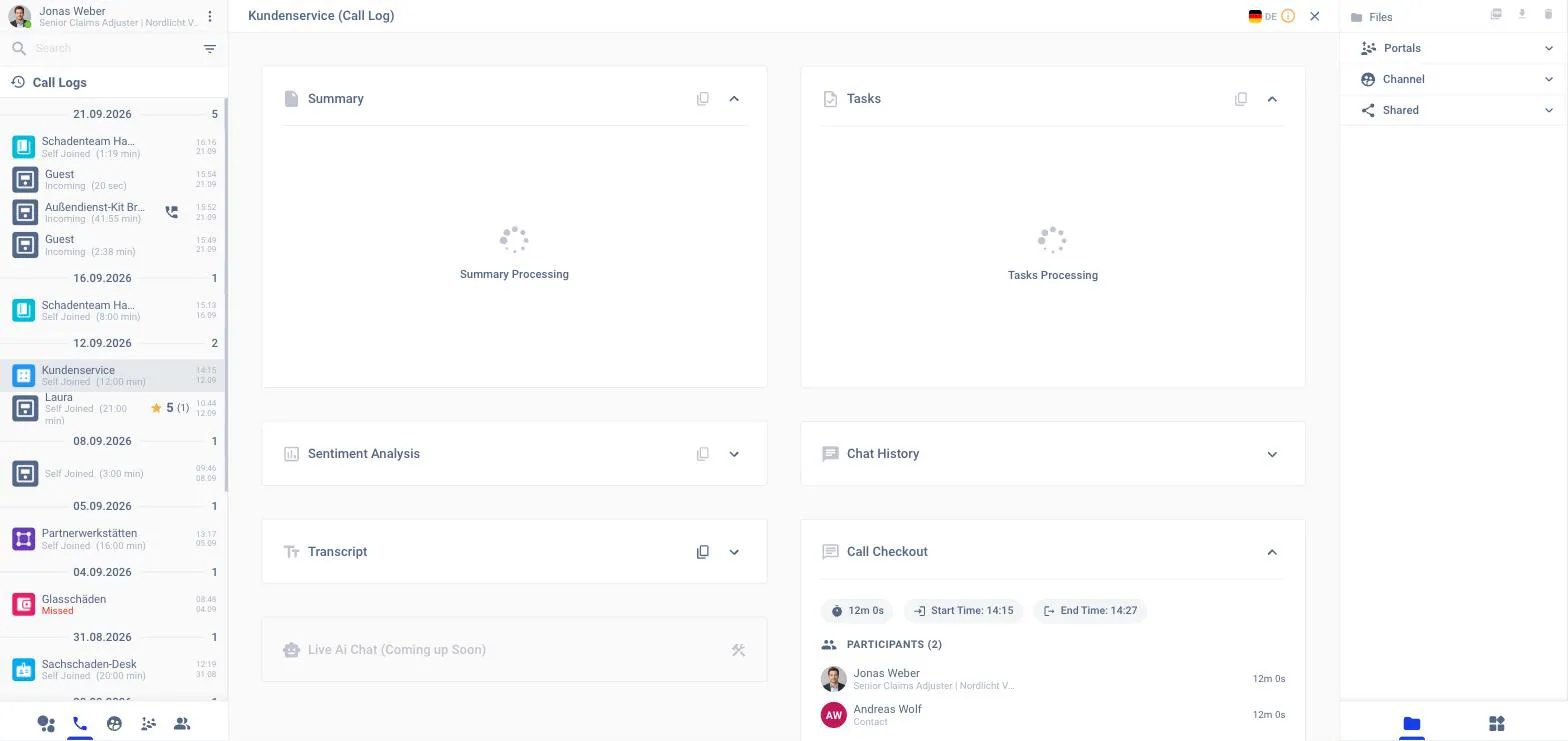 The Call Log view of a channel with the Tasks card at the top right listing three follow-ups