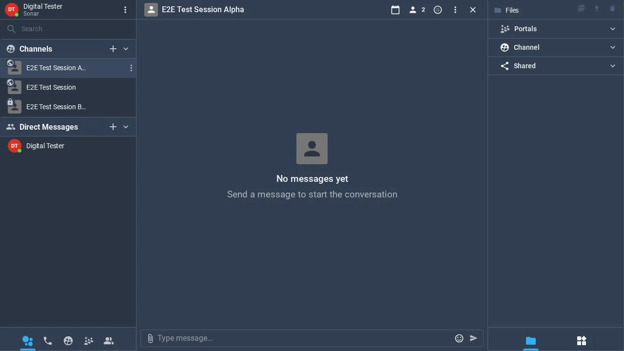 An open Sonar channel called E2E Test Session Alpha, with an empty message thread, a message composer at the bottom, and a right-hand panel listing Files, Channel and Shared sections
