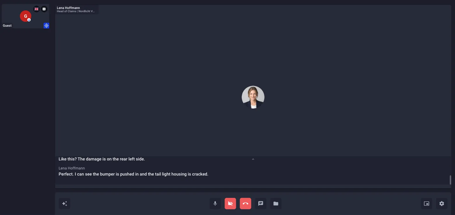The customer's call view with the captions panel under the video showing the customer's line and Lena Hoffmann's reply, each with the speaker's name