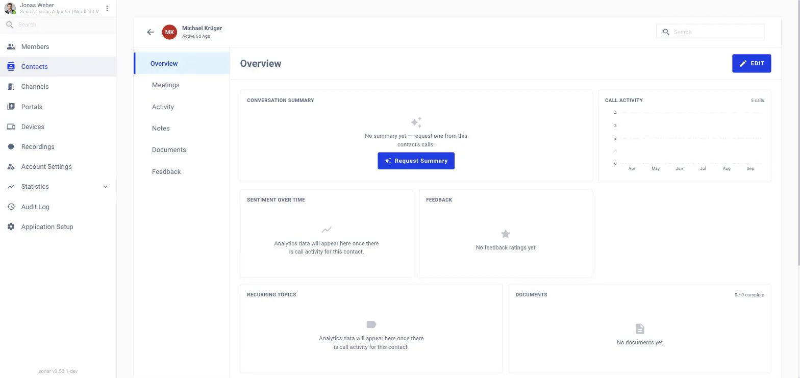 A contact profile's Overview tab showing the AI contact summary, the sentiment of recent calls and a keyword list