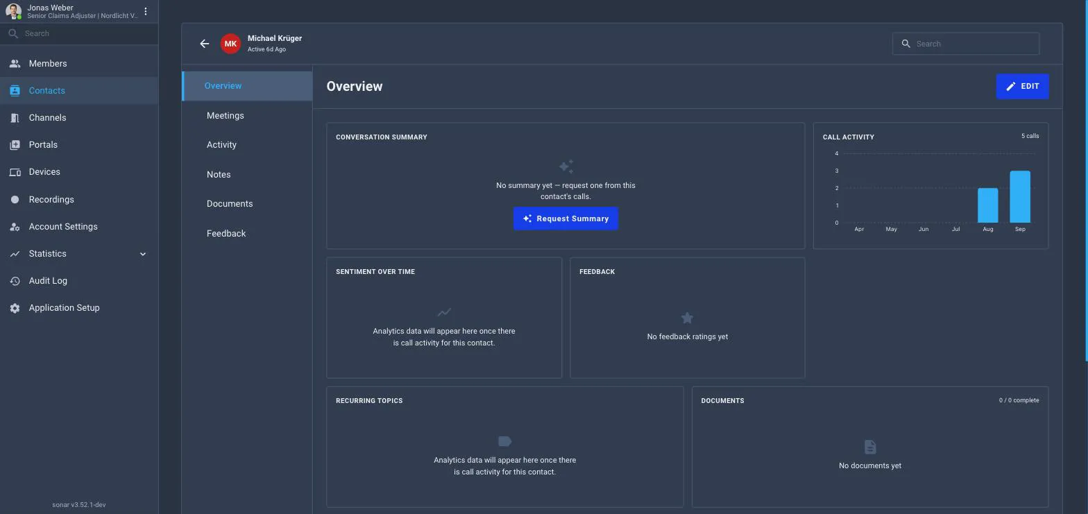 A contact profile's Overview tab showing the AI contact summary, the sentiment of recent calls and a keyword list