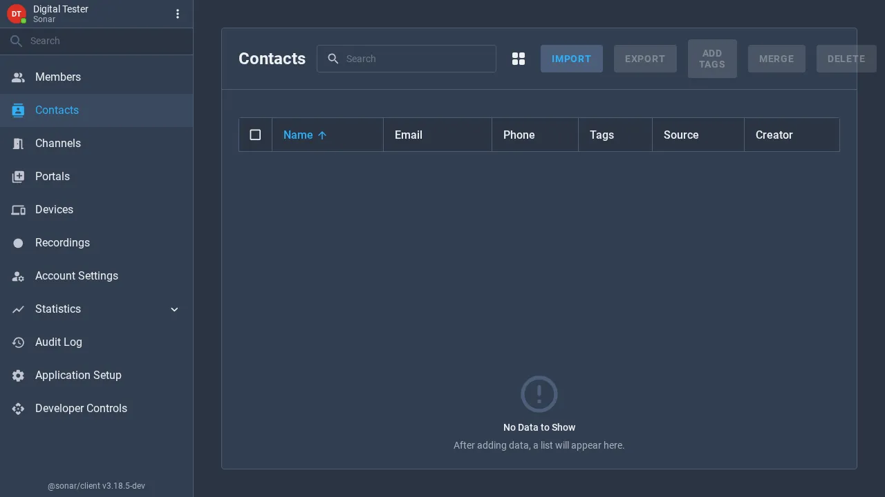 The Contacts page with columns for Name, Email, Phone, Tags, Source and Creator, and Import, Export, Add Tags, Merge and Delete actions
