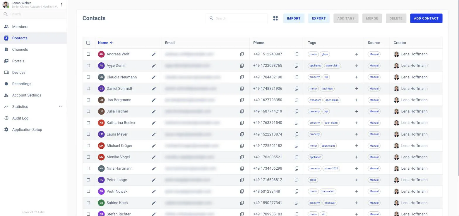 The Contacts page with columns for Name, Email, Phone, Tags, Source and Creator, and Import, Export, Add Tags, Merge and Delete actions