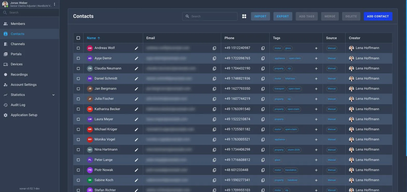 The Contacts page with columns for Name, Email, Phone, Tags, Source and Creator, and Import, Export, Add Tags, Merge and Delete actions