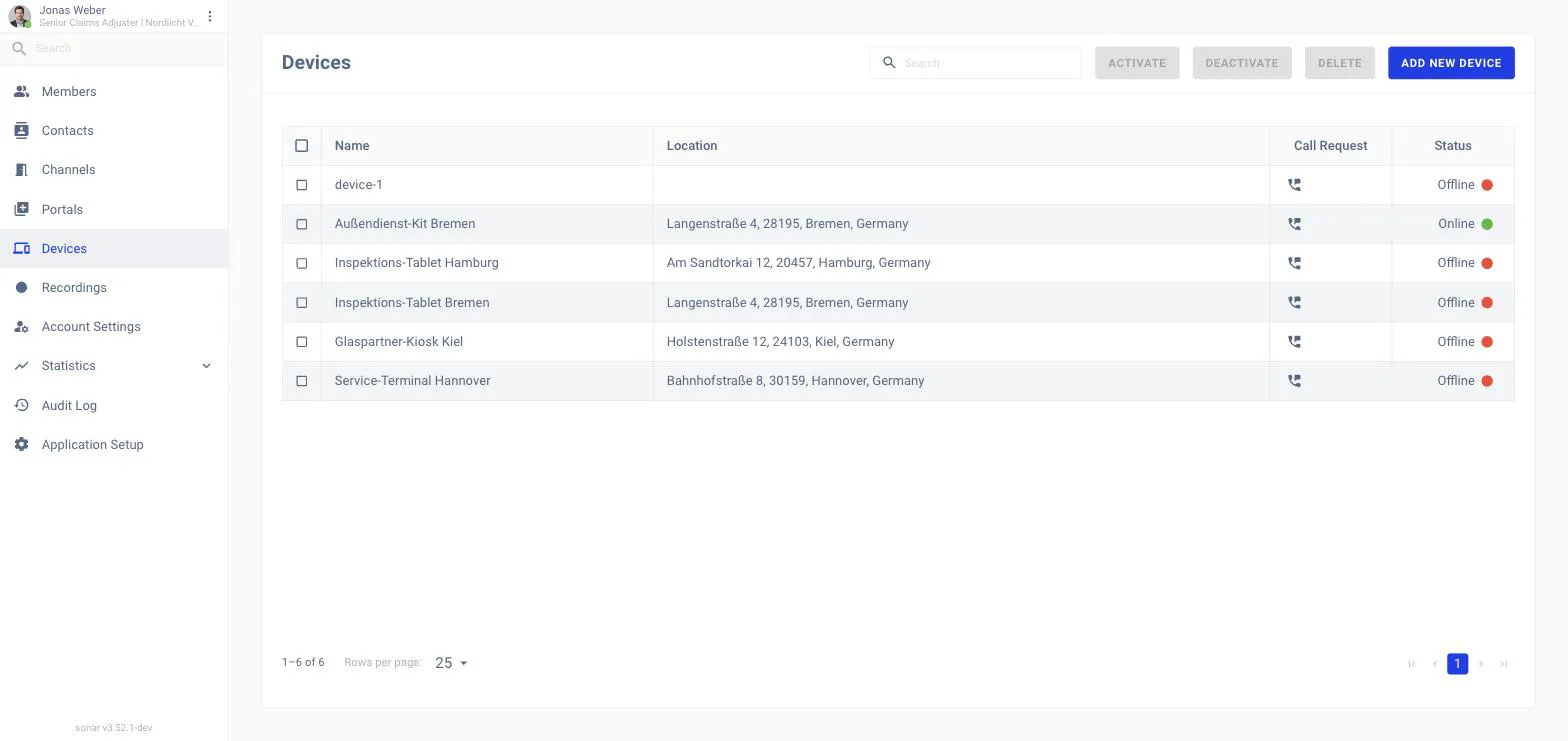 The Devices list with columns for Name, Location, Call Request and Status, showing two offline devices, with Add New Device, Activate, Deactivate and Delete actions