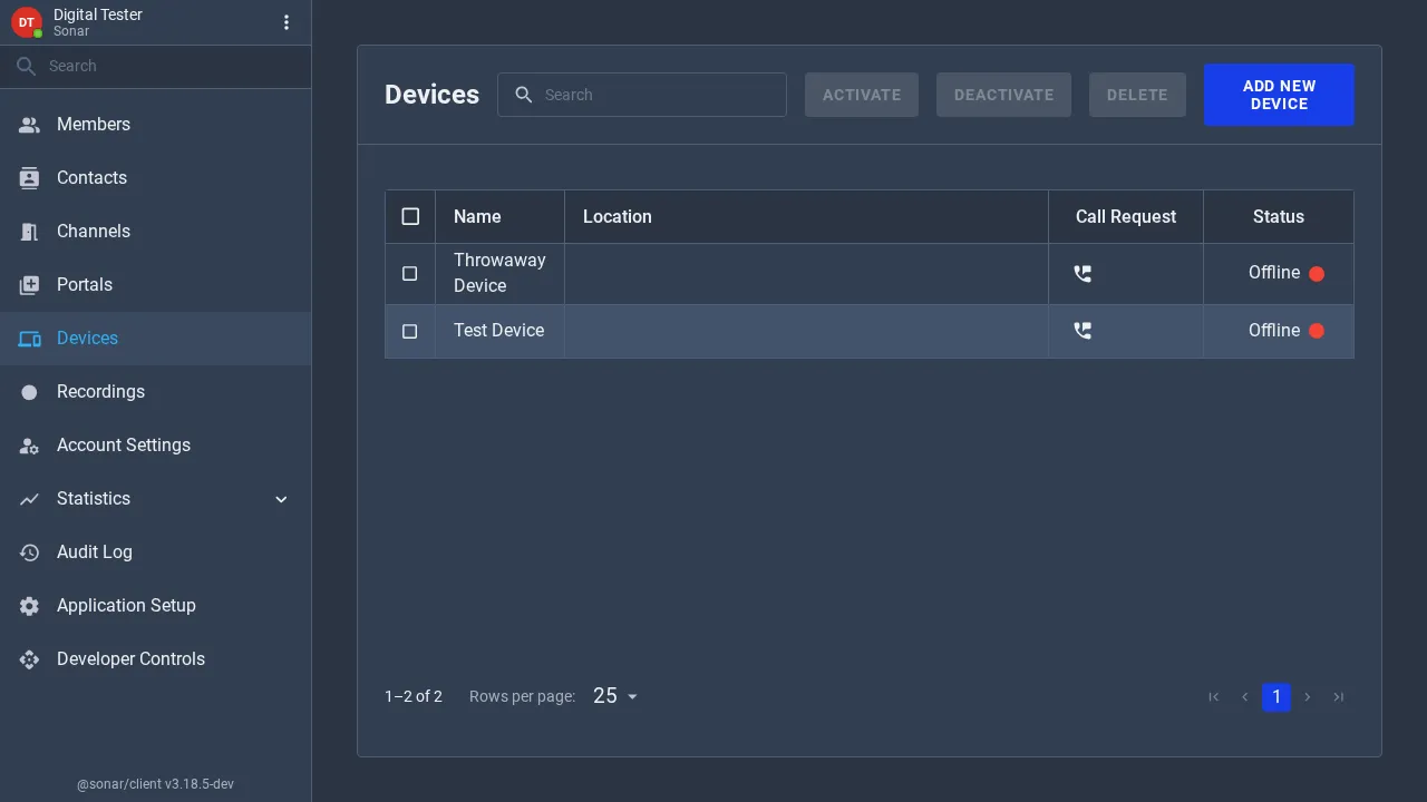 The Devices list with columns for Name, Location, Call Request and Status, showing two offline devices, with Add New Device, Activate, Deactivate and Delete actions