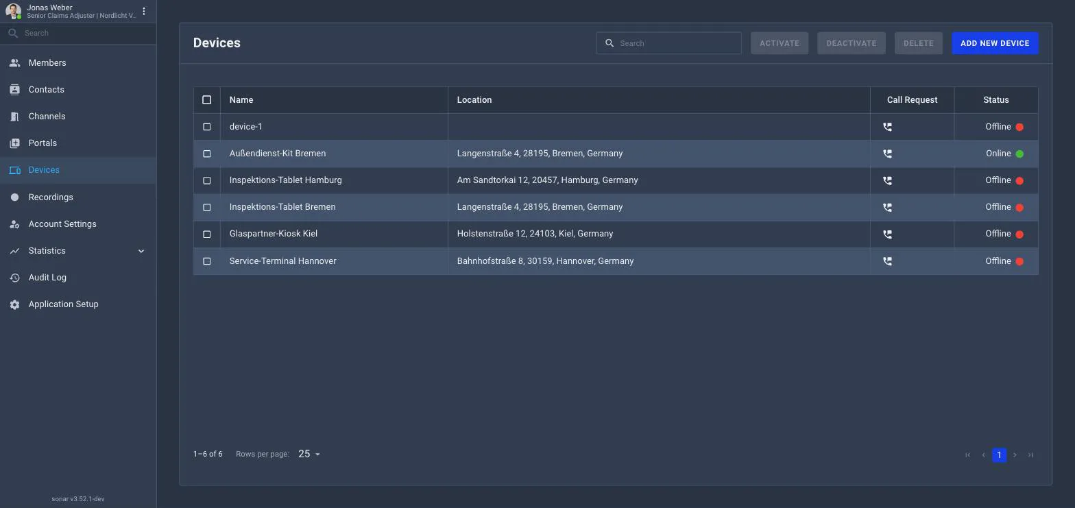 The Devices list with columns for Name, Location, Call Request and Status, showing two offline devices, with Add New Device, Activate, Deactivate and Delete actions