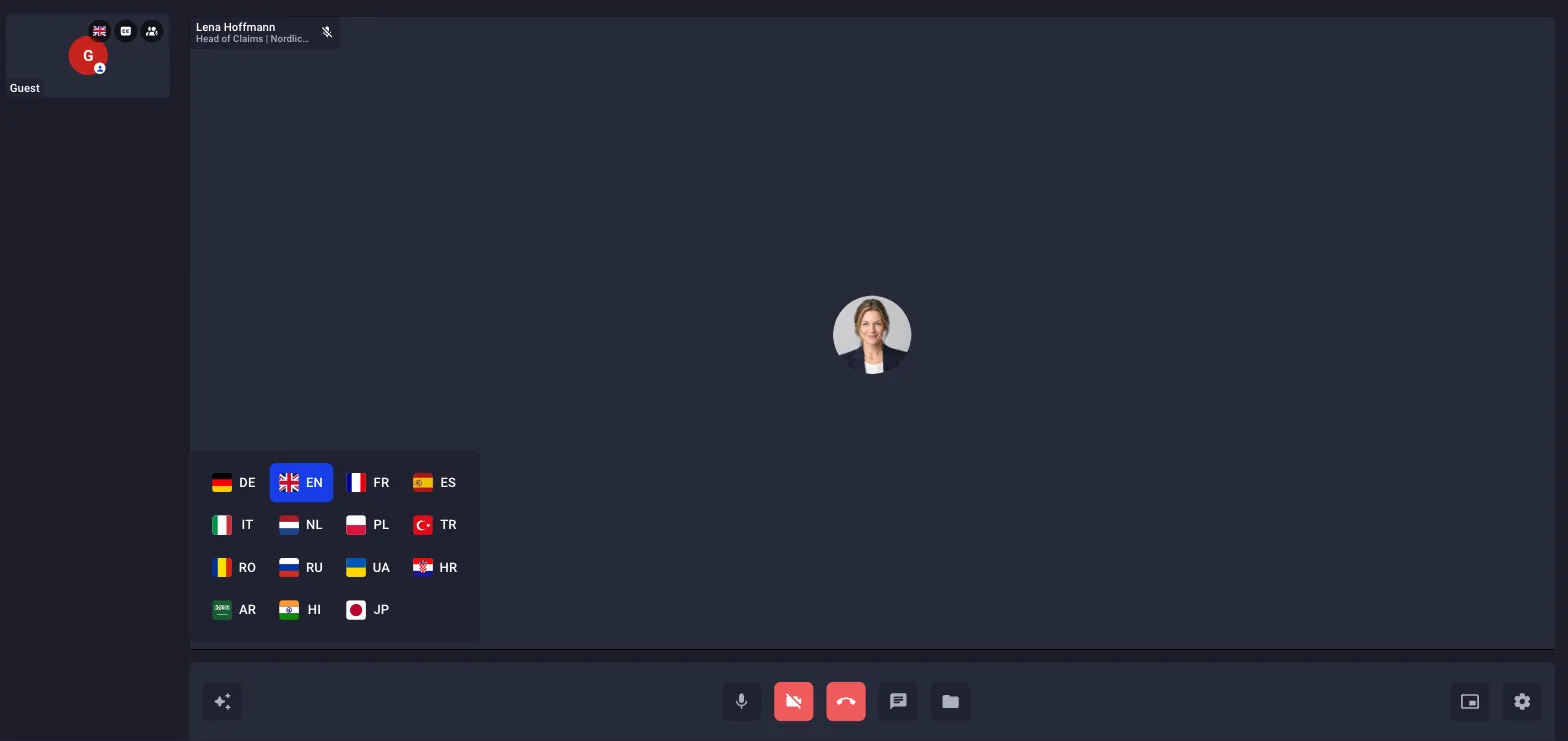 The customer's spoken language picker in the call: a grid of fifteen flags with English selected