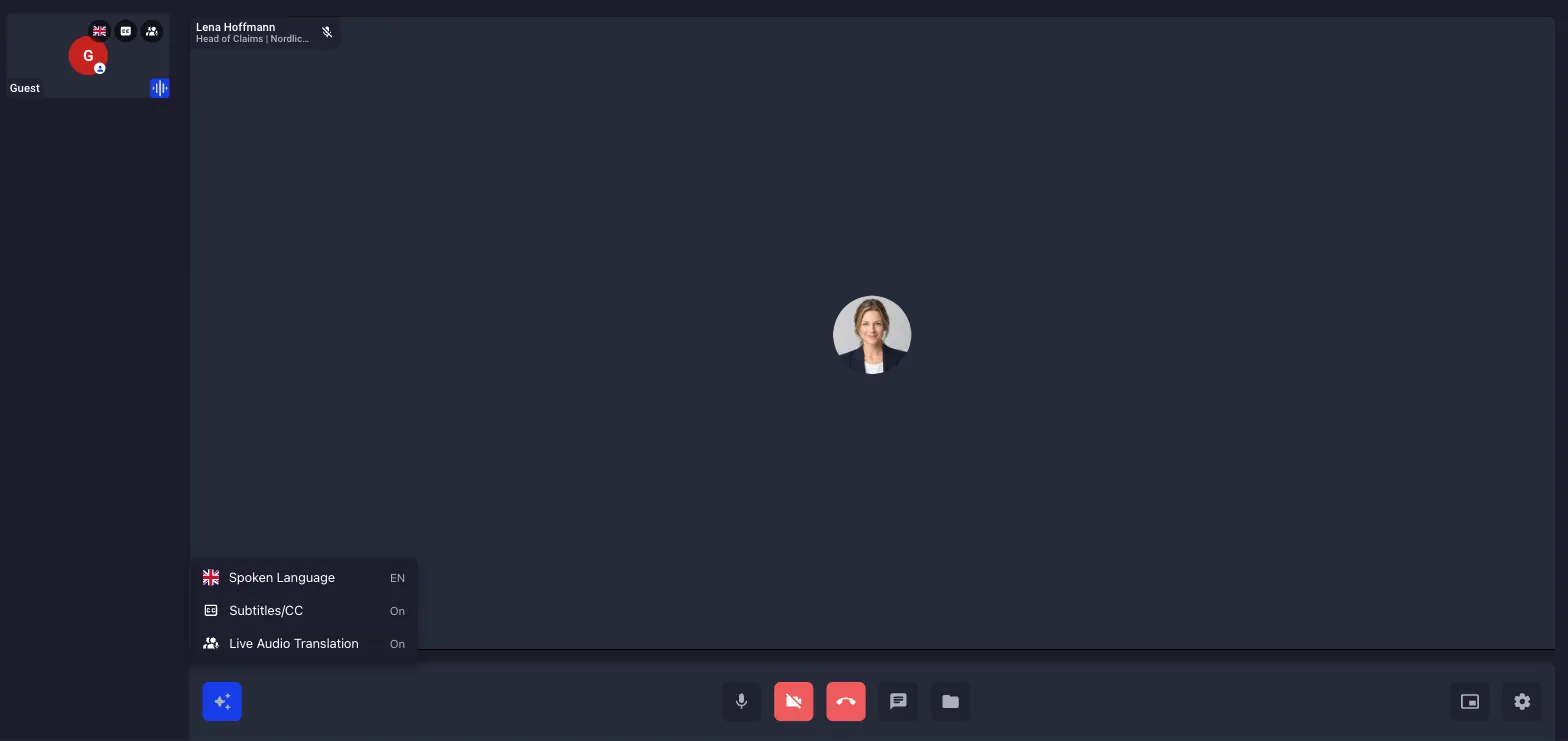 The customer's call view with the Smart Meet menu open: Spoken Language EN, Subtitles/CC On, Live Audio Translation On
