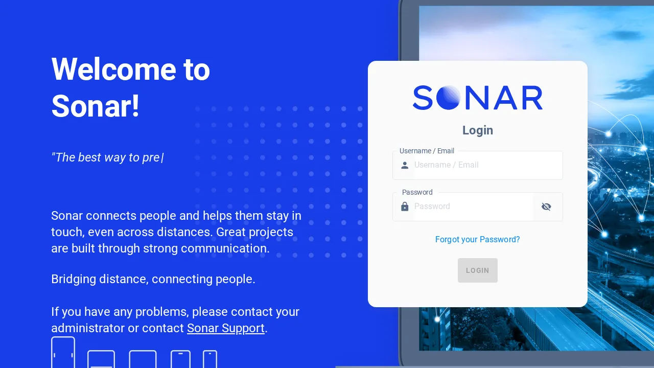 The Sonar login screen with the SONAR logo and Username / Email and Password fields