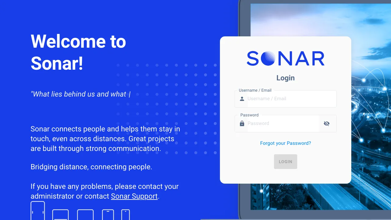 The Sonar login screen with the SONAR logo and Username / Email and Password fields