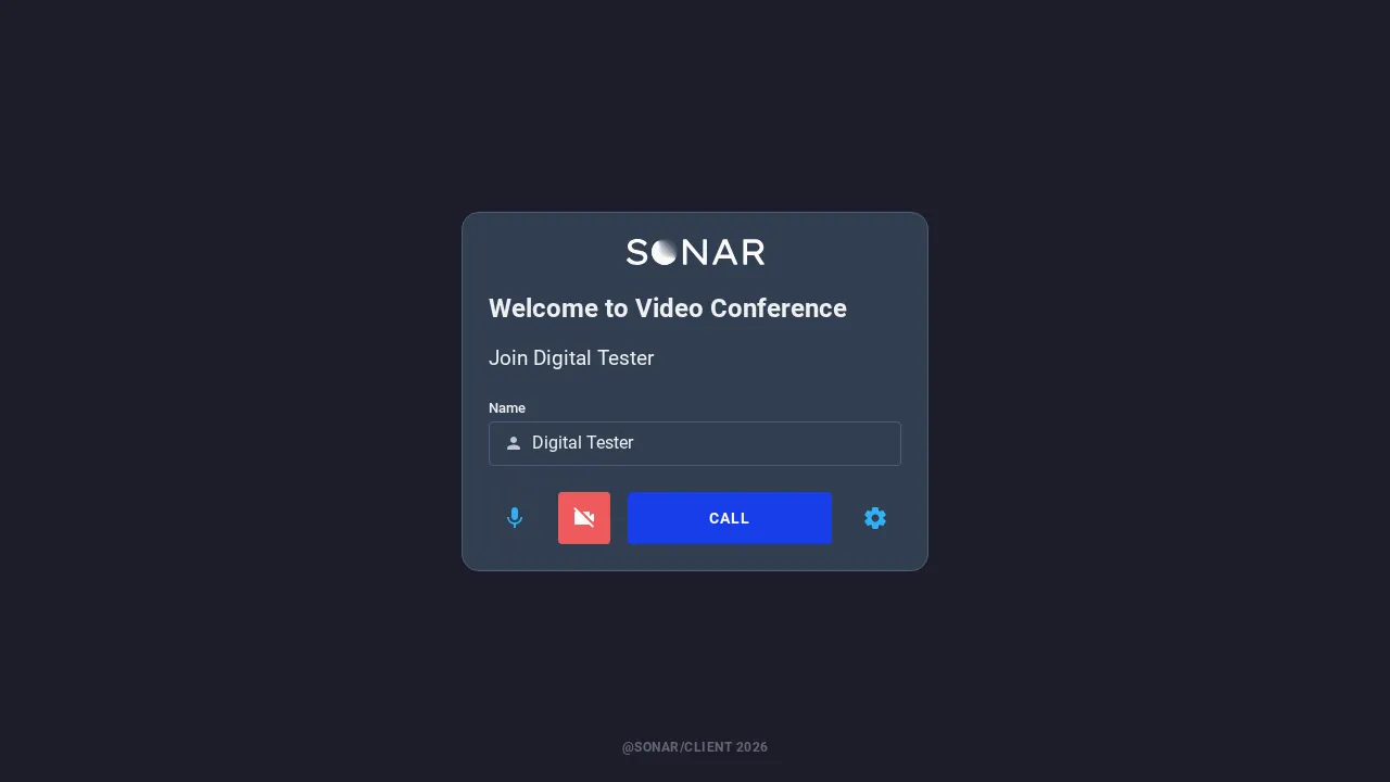 The Sonar video conference lobby with the Sonar logo, a Welcome to Video Conference heading, a name field, microphone and camera toggle buttons, a settings button and a blue Call button