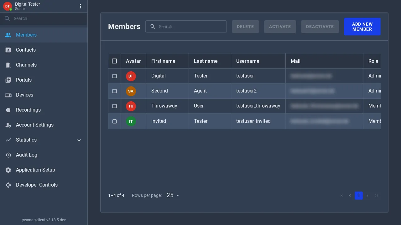 The Members list showing columns for avatar, first name, last name, username, mail and role, with four members, and Add New Member, Delete, Activate and Deactivate actions