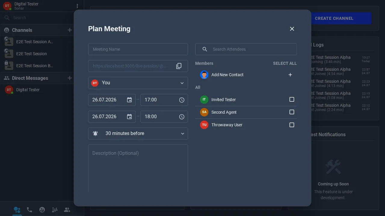 The Plan Meeting dialog with fields for meeting name, a join link, host, start and end date and time, a reminder, a description, and an attendee picker on the right