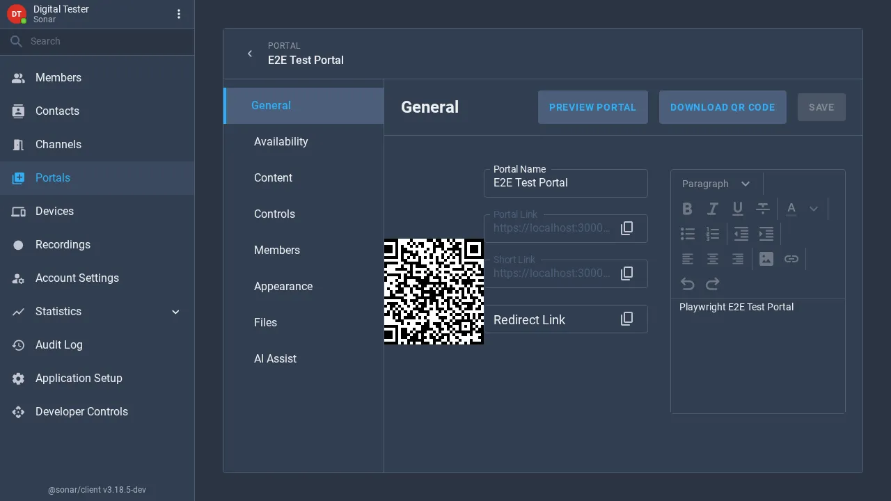 A portal's General configuration tab showing the portal name, portal link, short link, redirect link, a QR code, a rich-text description editor, and tabs for Availability, Content, Controls, Members, Appearance, Files and AI Assist