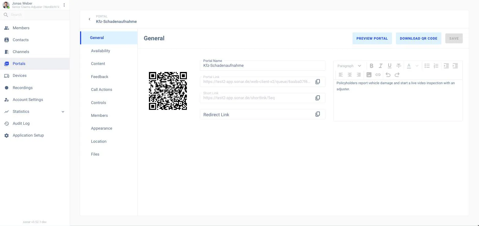 A portal's General configuration tab showing the portal name, portal link, short link, redirect link, a QR code, a rich-text description editor, and tabs for Availability, Content, Feedback, Call Actions, Controls, Members, Appearance, Location and Files